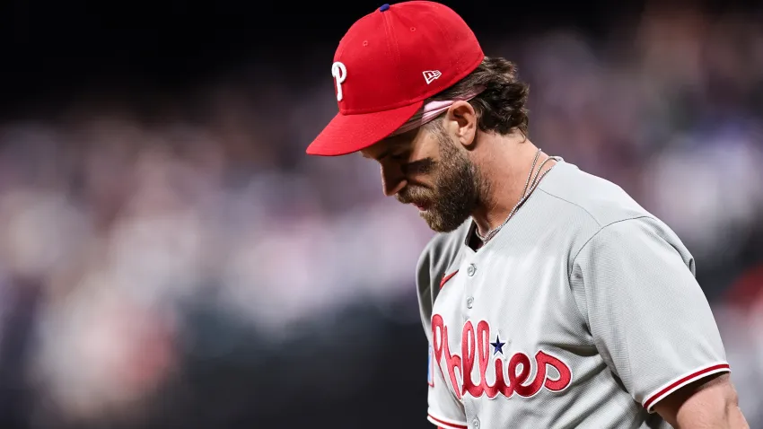 NEW YORK, NEW YORK – APRIL 22: Bryce Harper #3 of the Philadelphia Phillies looks on during the seventh inning of the game against the New York Mets at Citi Field on April 22, 2025 in New York City. (Photo by Dustin Satloff/Getty Images)